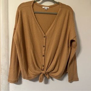 american eagle mustard brown front tie cropped long sleeve